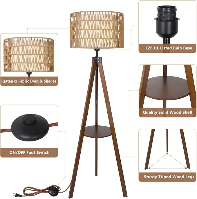 LAMSU Boho Tripod Floor Lamp with Shelves, Mid Century Wood Standing Lamp with Rattan & Fabric Shades, ON/Off Foot Switch, Modern Farmhouse Tall Floor Lamps for Living Room Bedroom Office