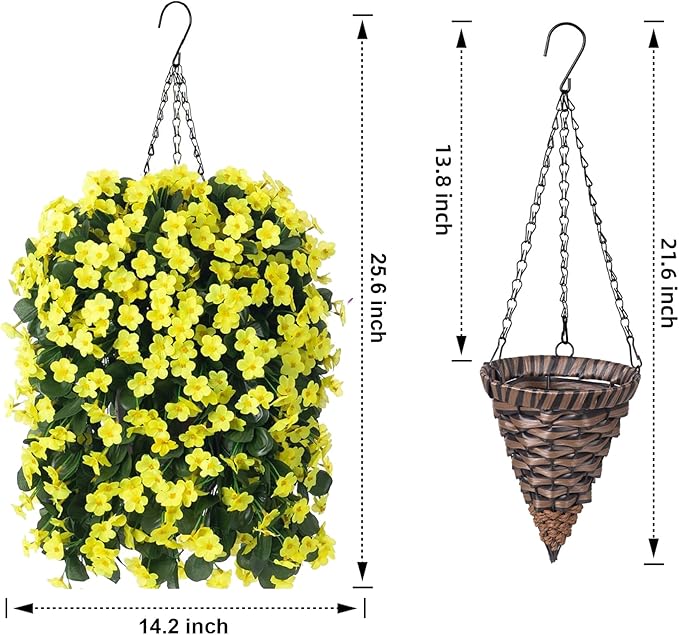 Artificial Faux Hanging Flowers Plants Baskets for Outdoor Outside, Fake Silk Yellow Orchid Trailing Vines in Planter Realistic UV Resistant for Balcony Porch Decor