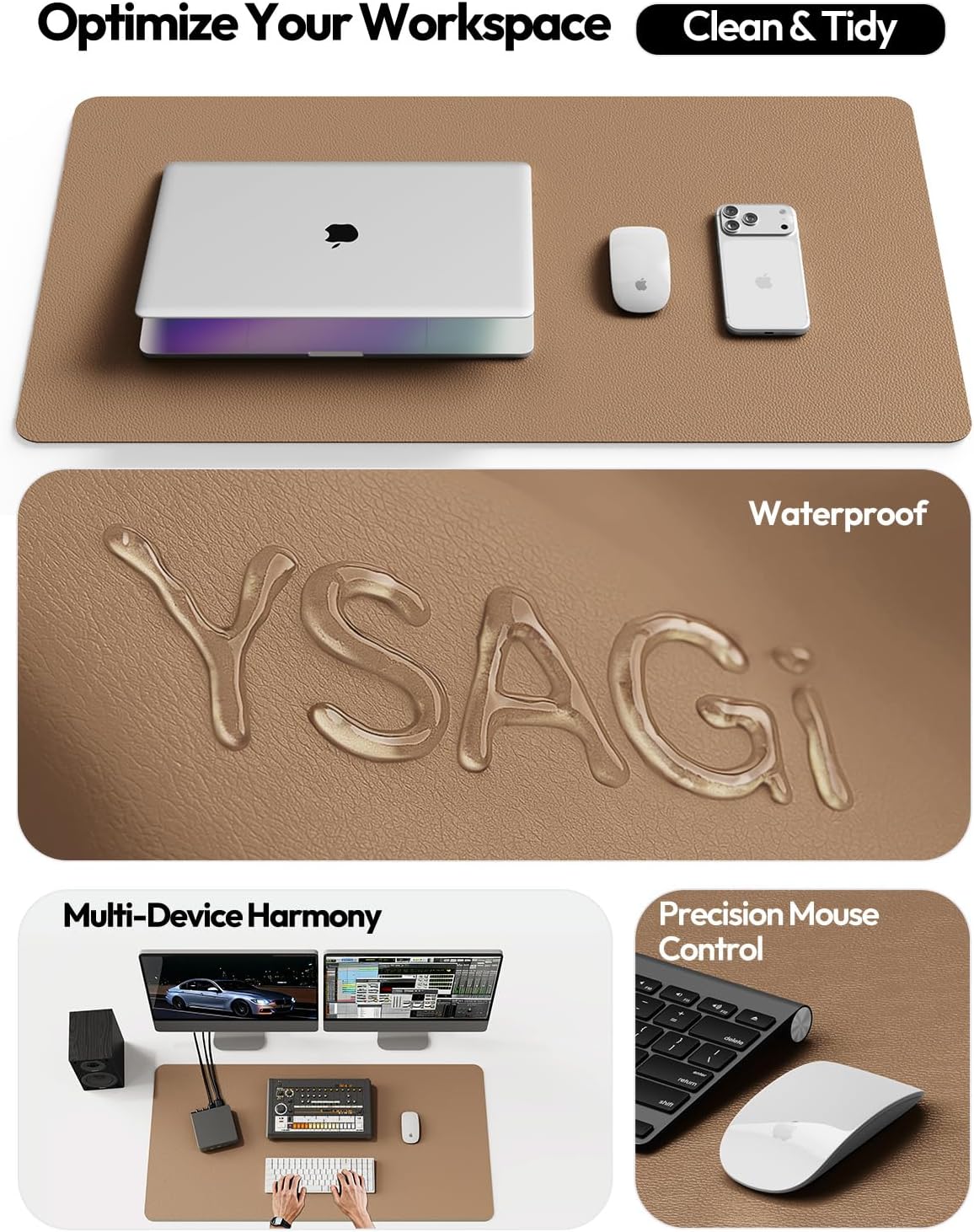YSAGi Leather Desk Pad Protector - Large Non-Slip PU Office Mat | Waterproof Blotter for Home & Laptop (23.6" x 13.8", Khaki)