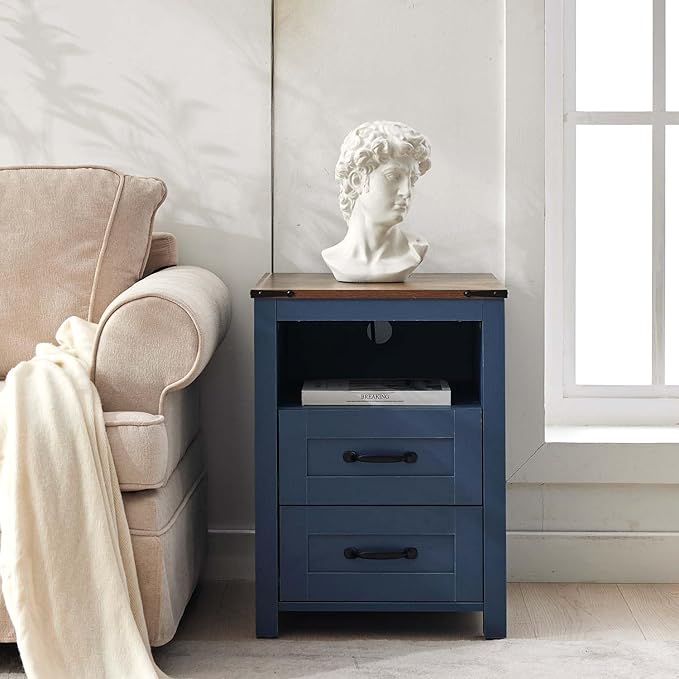 Farmhouse Night Stand Set of 2, Rustic Blue Nightstand for Bedroom, End Tables with Charging Station, Bedside Table with Drawers, Wood Bedside Cabinet Dresser