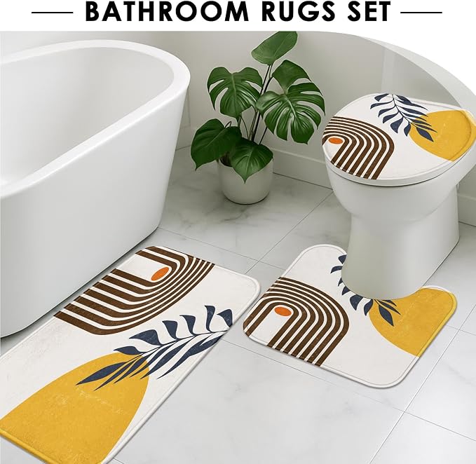 Boho Mid Century Shower Curtain Set with Toilet Lid Cover and Non-Slip Rugs, Modern Abstract 4 Pcs Yellow Sun Minimalist Shower Curtain for Bathroom Set with 12 Hooks
