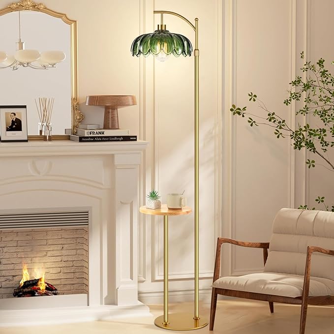 QIYIZM Glass Floor Lamp with Table and Shelves for Living Room Bedroom,Gold Standing Lamp with Remote Dimmable,Boho Brass Tall Lamp Vintage Farmhouse Arc Green Flower Floor Light Bohemian