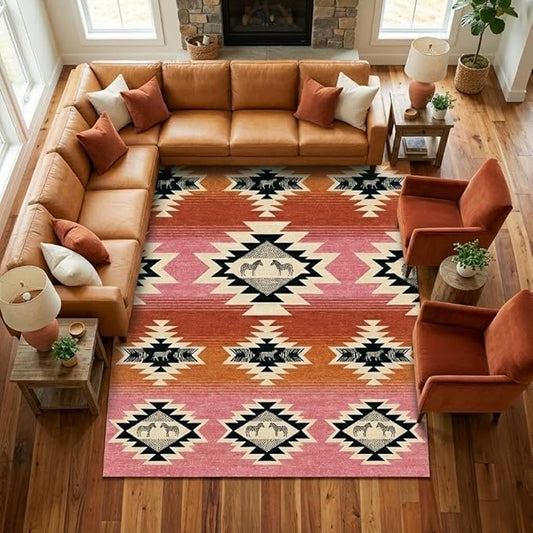 5x7 Area Rugs for Living Room: Blush Pink & Terracotta Tribal Southwestern Zebra Geometric Area Rug Washable Non-Slip Backing for Living Room Bedroom Leisure Area Decor