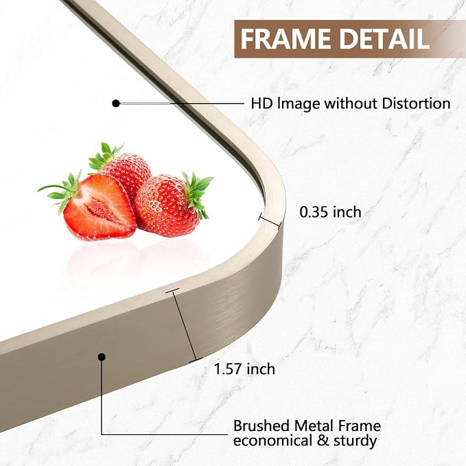 40x30 Inch Brushed Nickel Bathroom Mirror, Framed Rectangle Mirror with Rounded Corner, Brushed Mirror, Silver Bathroom Mirror for Over Sink, Vanity, Living Room, Bedroom, Horizontal/Vertical