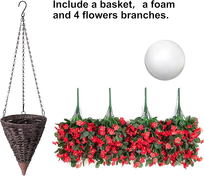 HyeFlora Artificial Fake Red Hanging Flowers Plants Basket for Outdoor Outside Winter Christmas Decor, Faux Silk Daisy Flower Look Real UV Resistant Orchid Vine Plant for Porch Garden Yard Patio Home