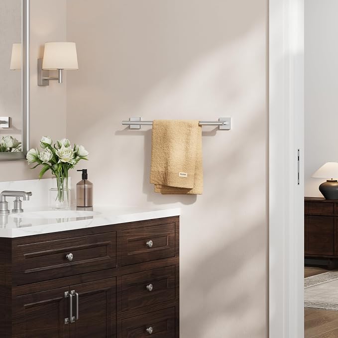 USHOWER Brushed Nickel Towel Bar, 18 Inch Towel Racks for Bathroom Wall Mounted, 304 Stainless Steel Towel Holder with Square Base, Modern Home Decor (Total Length 20 Inch)