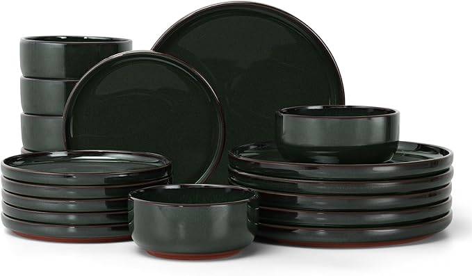 E-far Stoneware Dinnerware Sets for 6, 18 Pieces Reactive Glaze Plates and Bowls Sets, Elegant Dishes with Rustic Terracotta Clay Base, Dishwasher & Microwave Safe, Scratch Resistant, Blackish Green