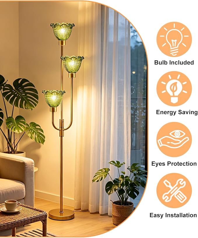 Lightdot 3-Lights Glass Floor Lamp 66IN Modern Gold Dimmable Floor Lamps with 3000K Warm White Bulbs for Wedding Party Tall Standing Lamp with Green Glass Shade for Living Room/Bedroom/Home Decor