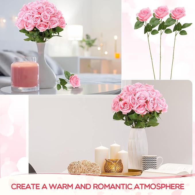 Jexine 50 Pcs Artificial Rose Flower Bulk Realistic Silk Fake Roses with Long Stem Plastic Artificial Flower Bouquet Real Looking for Home Wedding Centerpieces Party Decoration(Pink)