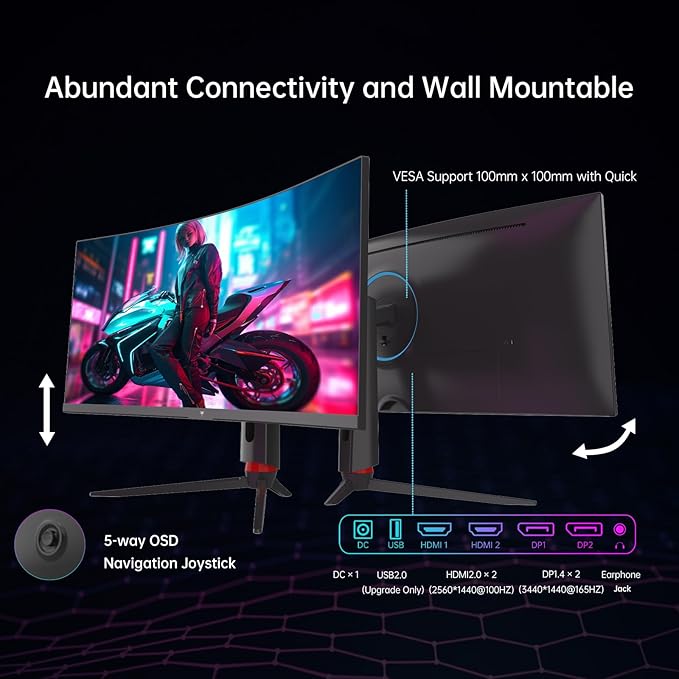 KTC 34'' Curved Ultrawide Gaming Monitor, 21:9, 3440x1440p 165Hz 1ms, 1500R Curved Monitor, Freesync G-sync, Picture by Picture,PIP, Height/Tilt/Swivel/Pivot