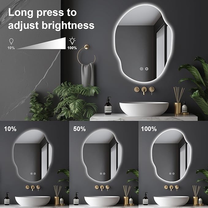 Irregular LED Bathroom Mirror with Lights,Asymmetrical Led Bathroom Vanity Mirror for Wall with Backlit, Anti Fog, 3 Colors and Dimmable Light,[Horizontal/Vertical] 30" H x 22" W