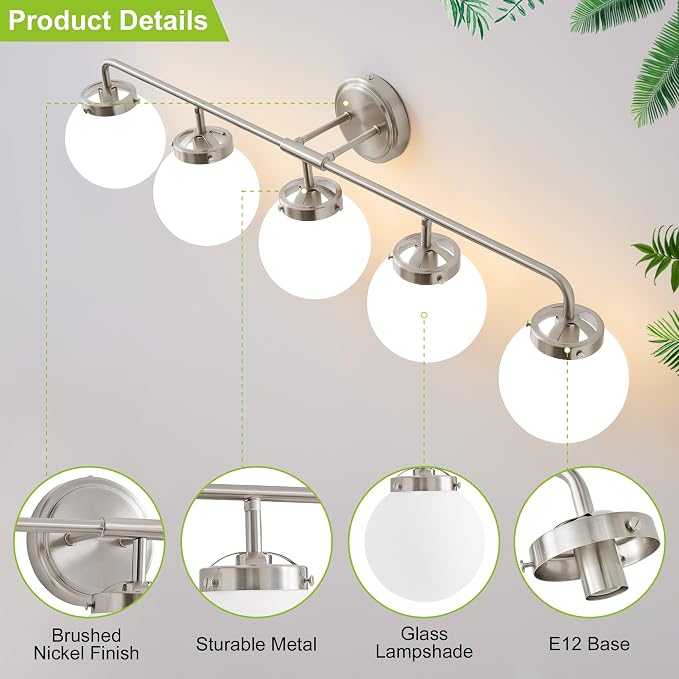 Bathroom Light Fixtures Over Mirror, Brushed Nickel Modern Vanity Lighting with Milk White Glass Globe Shades 5-Light Farmhouse Wall Sconce