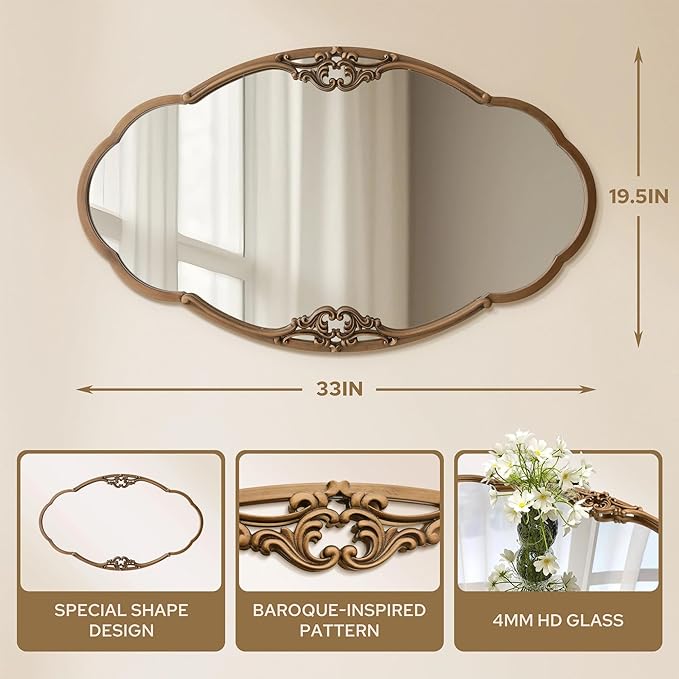 Besdomus Vintage Gold Wall Mirror: 33"x19.5" Baroque Antique Mirror - Vertical or Horizontal Hanging for Entryway/Bathroom/Living Room Wall Mounted - Ideal for Home Decor Enthusiast