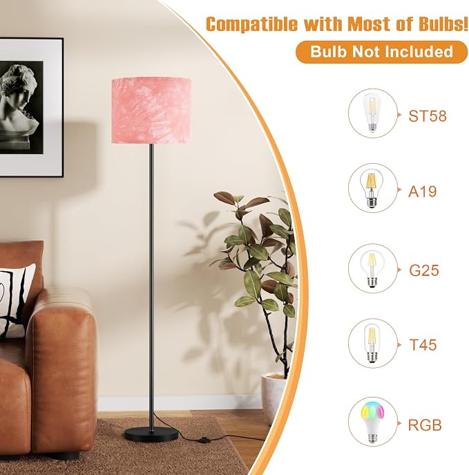 Ambimall 60'' Modern Floor Lamp with Shade, Tall Lamps for Living Room, Bedroom, Office, Dining Room, Hand-Dyed Pink Lampshade(Without Bulb)
