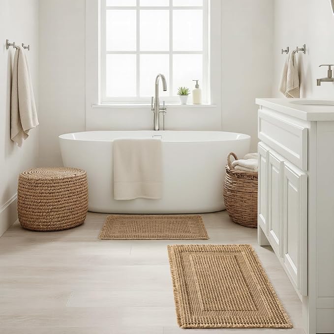 MIULEE Set of 2 Waffle Bathroom Rugs, Boho Bath Rug Super Absorbent, Non Slip Washable Ultra Soft Rubber Backed Shower Bath Mats for Floor, Tub, Shower, Looped Design, Brown, 18x30 Inch