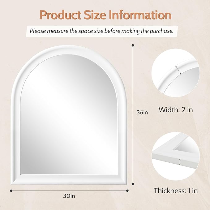 Arched Bathroom Mirror 30 x 36 Inch, White Framed Decorative Wall Mount Mirror with Tempered Glass for Entryway, Living Room, Bedroom, Hallway Fireplace Mantel Decor