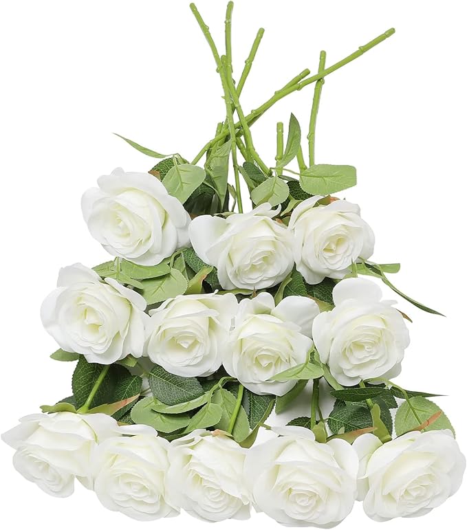 Artificial Rose Flower Artificial Flowers Flower with Long Stem Silk Roses Bouquet for Wedding Bridal Shower Party Home Decoration (White, 30 Pcs)