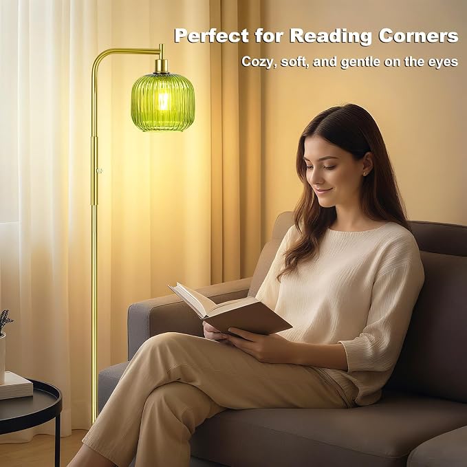 Dimmable Gold Floor Lamp with Ribbed Shade, Vintage Green Standing Lamp dimmable with Solid Base, Arc Floor Lamps Glass for Living Room, Bedroom, Office, Decorative Tall Corner Lamps Gift Use