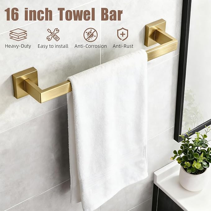 Brushed Gold Bathroom Accessories Hardware Set, 7-Pieces Stainless Steel Towel Racks for Bathroom, 16 Inch Towel Bar, Towel Holders, Updated Toilet Paper Holder with Shelf Wall Mounted