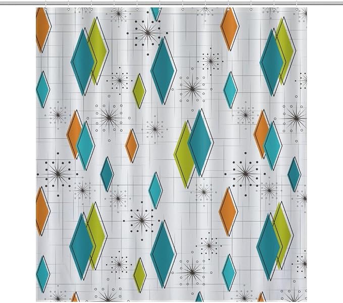 Mid Century Modern Shower Curtain,Abstract Atomic Starburst Geometric Diamond Pattern Shower Curtains Set for Bathroom Fabric Decorative Bath Curtain Washable Curtain Hooks, 72x72 in