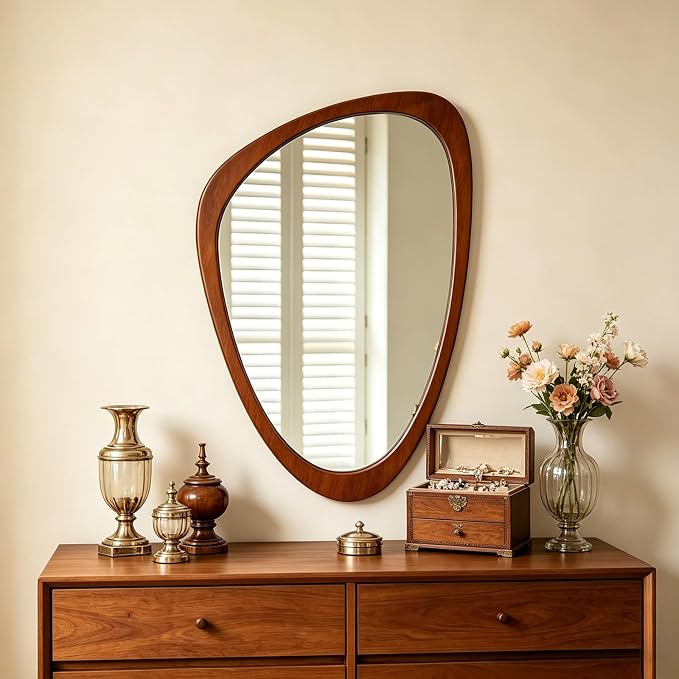 Ferytange Asymmetrical Wall Mirror, Wood Frame Decorative Mirror for Living Room Bedroom Entryway, Modern Irregular Unique Wall Art, Mid Century Modern Home Decor 30" H x 19" W