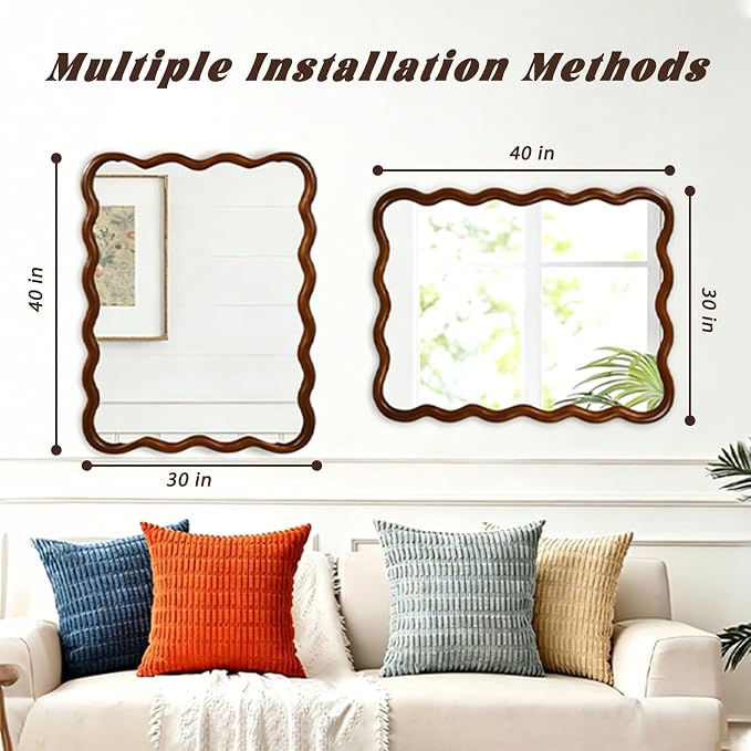 Elountik Wavy Rectangle Solid Wood Decorative Mirror, 30x40 Inches, Black Walnut Frame for Living Room, Bedroom, Bathroom & Entryway Wall Décor