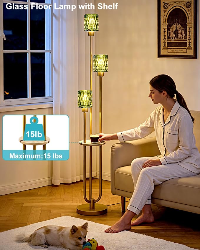 62IN Gold Floor Lamp with Green Glass Shade 3-Lights Mid-Century Modern Farmhouse Floor Lamps with 3000K Warm White Bulbs, Tall Standing Lamp 5Lbs Heavy Base for Living Room/Bedroom/Corner