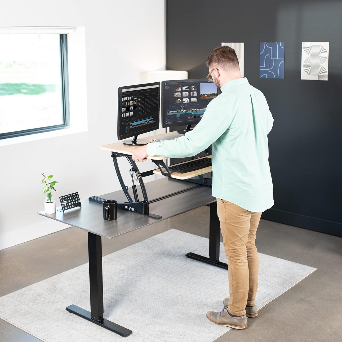 VIVO Height Adjustable Stand Up Desk Converter - Quick Sit to Stand Dual Monitor Riser | Light Wood Top, Black Frame