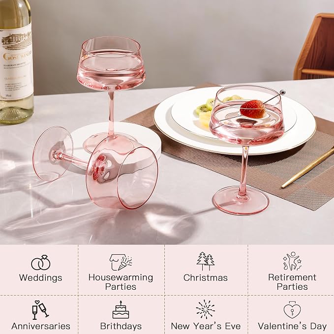 JOVGANK Pink Martini Glasses Set of 6 – 13oz Lead-Free Crystal Glass, Hand-Blown Classic Champagne & Cocktail Luxury Cups, Elegant Glassware for Party Home Bar Wedding Gift for Ice Cream Dessert