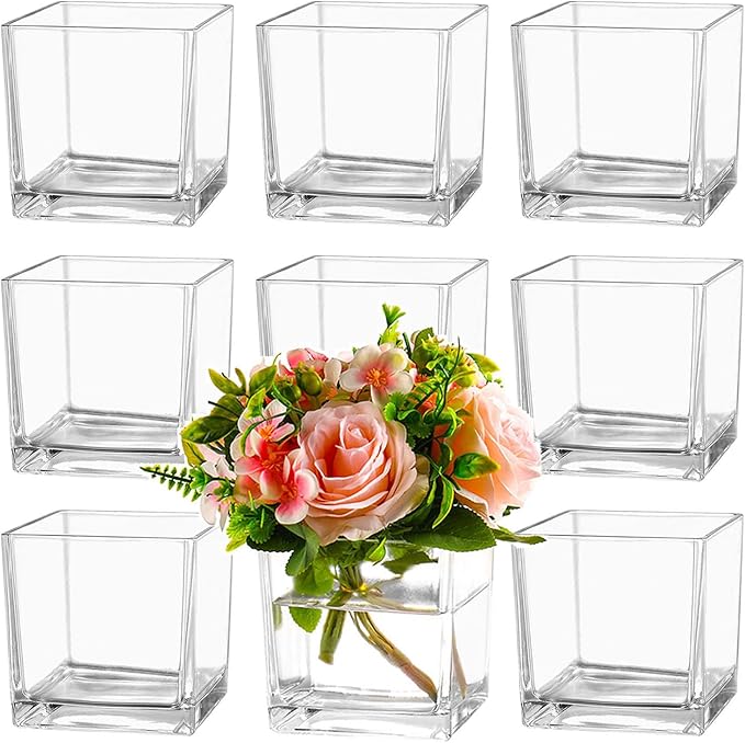 Square Glass Vases Set of 9, 5" x 5" x 5" Clear Flower Vases for Centerpieces, Square Vase for Flowers, Small Vase for Wedding, Party, Home Office Decoration
