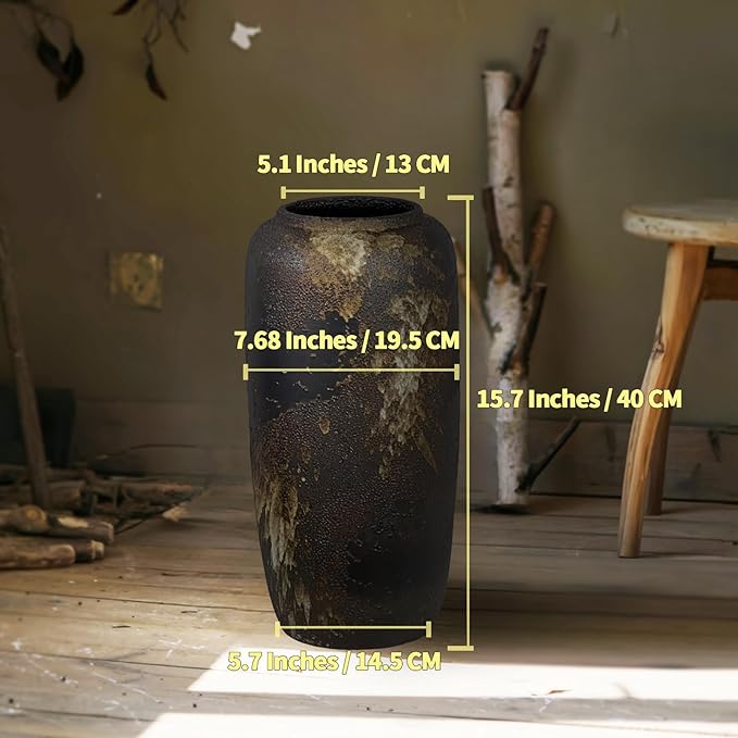 Black Rustic Ceramic Tall Floor Vase, 15.7 Inch Vintage Large Farmhouse Vase Pottery Clay Terracotta Rustic Vases for Home Decor Living Room Entryway Table Centerpieces,Kitchen,Housewarming Gifts