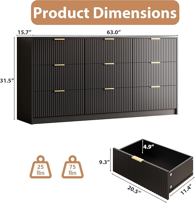 3-Piece Dresser Bedroom Set, 9 Drawer Dresser & 3 Drawer Nightstands with Gold Handles, Fluted Wood Chest of Drawers for Bedroom, Living Room, Entryway, Black