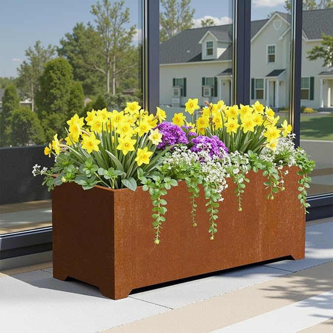 Metal Planter Box, Large Outdoor Rectangle Planters with 6 Drainage Holes & Raised Bottom, Co rten Steel Planter for Patio, Garden, Porch, 36" L x 15" W x 15" H