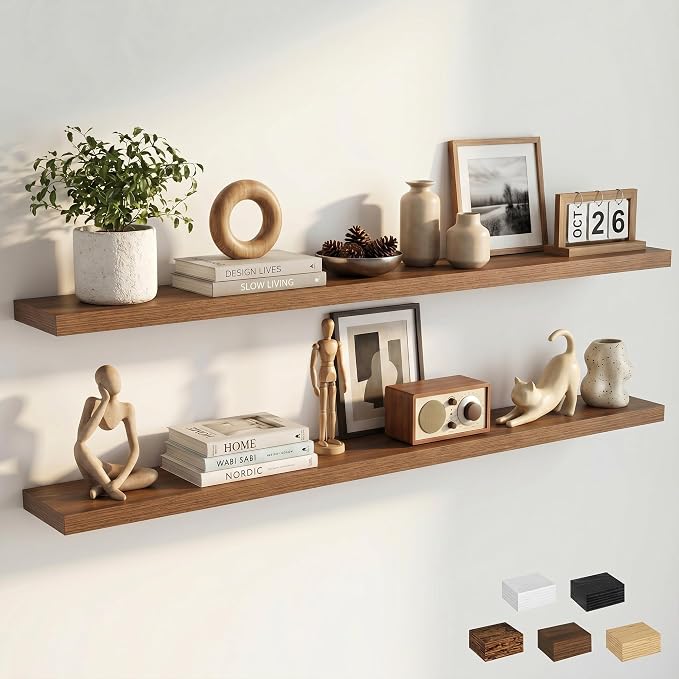 Dreamland Floating Shelves for Wall, Rustic Walnut Floating Shelves for Bathroom|Bedroom|Kitchen, Deep Wall Mounted Book Shelf, Wood Storage Display Shelf for Home Decor, Set of 2