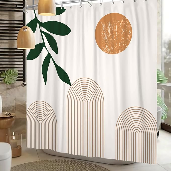 Boho Mid Century Shower Curtain Abstact Arch Sun Leaves Modern Minimalist Geometric Plant Aesthetic Shower Curtains Polyester Fabric Bathroom Decoration Curtain with Hooks 72x78 inch