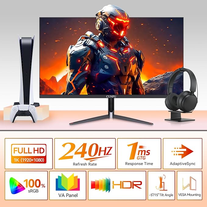 24 Inch 240Hz Gaming Monitor, 1080p FHD, Fast VA Panel, 1ms Adaptive Sync, Ultra Slim Frame, 16.7M Colors, sRGB 100%, HDMI 2.1 & DP 1.4, VESA, Eye Care, for PS5, Xbox, Gaming Computer Monitor