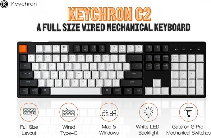 Keychron C2 Full Size 104 Keys Wired Mechanical Gaming Keyboard for Mac Layout with Gateron G Pro Red Switch/White LED Backlight/Double Shot ABS Keycaps/USB C Computer Keyboard for Windows Laptop