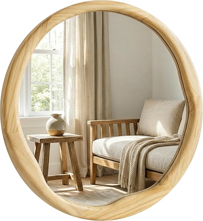 Natural Wood Round Wall Mirror 30 Inch, Large Solid Wood Framed Mirror with Wavy Inner Edge for Bathroom Vanity, Living Room & Organic Boho Decor