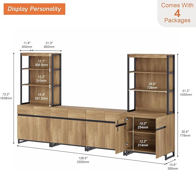 WAMPAT 3 Tier Bookshelf with Storage Cabinets, 72" Tall Bookcase with Adjustable Shelf, Large Modern Display Book Case Shelf with Door, Library Wood Bookshelves for Home Office, Living Room, Oak
