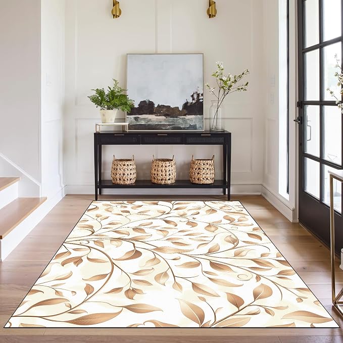 Botanical Leaf Vine Area Rug Beige Floral Branch Print Rug for Entryway Bedroom Living Room Kitchen Home Decor Non-Slip Washable Floor Mat Modern Farmhouse Carpet,3'x5'