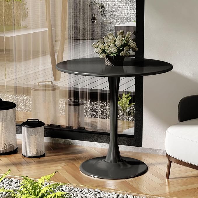 24" Tulip Table for 1-2 Persons Modern Round Dining Room Table, Mid-Century Modern Black Small Kitchen Table with MDF Wooden Top, Leisure Coffee Table for Living Room, Dining Room, Office