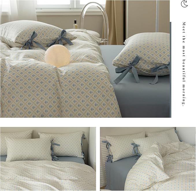 Blue Floral Duvet Cover Full Soft Cotton Garden Style Floral Bedding Comforter Cover Plaid Grid Design Vintage Blue Flower Duvet Cover with 2 Bowknot Pillowcases Botanical Cottagecore Bedding Set Full