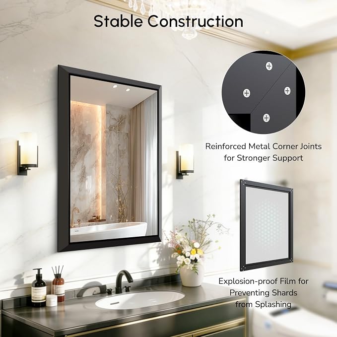 USHOWER 24x36 Inch Floating Bathroom Mirror - Brushed Black Wall Mirror for Over Sink, Anti-Rust, Beveled Aluminum Frame, Modern Rectangular HD Reflection Vanity Mirror(Copper-Free Silver Coating)