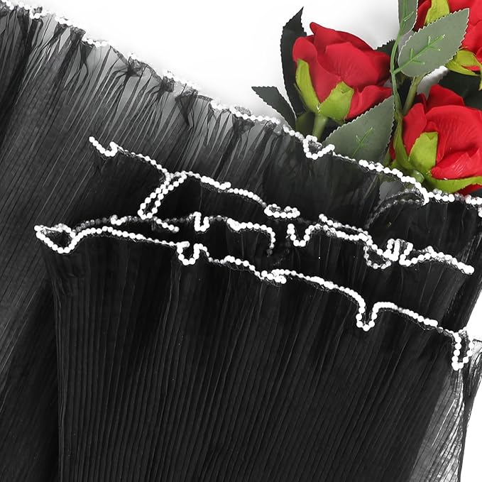 KIMOBER 4.3 Yards Black Flower Wrapping Mesh Paper,Pearl Edge Wrinkled Wavy Net Yarn Flower Wrapping Mesh Paper for Valentine's Day Mother's Day Wedding Florist Supplies(Black)