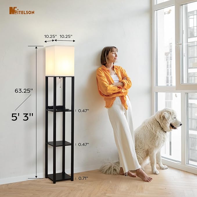 Floor Lamp with Shelves and USB, USB-C & Power Outlets, Shelf Lamp with Charging Station, Modern Square Lamps for Living Room, Tall Standing Floor Lamp for Bedroom and Office, Black