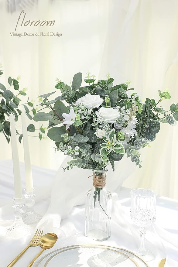 Floroom 3 Kinds of Artificial Silver Dollar Eucalyptus Stems Faux Greenery Spray, 19pcs Best Filler Fake Plants for DIY Bouquet Wedding Centerpieces