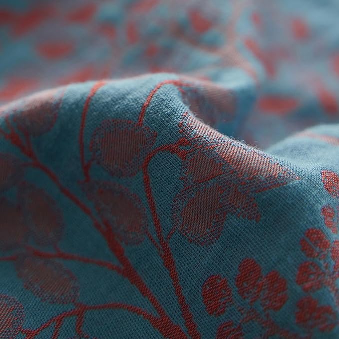 mixinni Muslin Cotton Vintage Blue Floral Duvet Cover Queen Size 3pcs Yarn Dyed Burgundy Jacquard Weave Bedding Comforter Cover Soft Breathable Bedding Sets for All Season-Queen Size