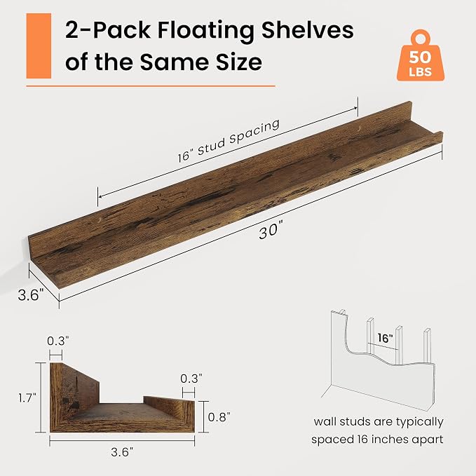 RICHFOCUS Picture Ledge Shelf, 30 inch Floating Shelves Set of 2, Wood Wall Shelves with Lip, Wall Decor Storage for Bedroom Living Room Bathroom Kitchen Nursery Photo Picture, Rustic Brown