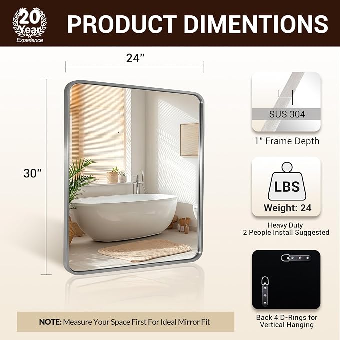 ANDY STAR 24x30'' Brushed Nickel Bathroom Vanity Mirror Over Sinks, Rounded Rectangle Bathroom Wall Mirror in 1'' Seamless Tube Metal Frame,SUS304-Anti-Rust, Wall-Mounted Horizontal/Vertical