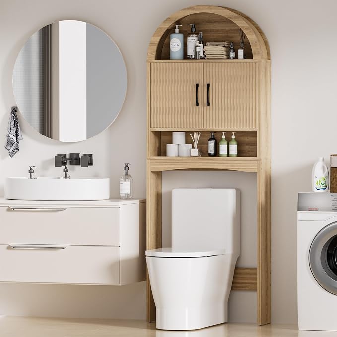 Spurgehom Over The Toilet Storage Cabinet, Bathroom Shelf Organizer Freestanding, Bathroom Arch Cabinet Over Toilet with Toilet Paper Holder and Anti-Tipping Device (Narrow Style-Wood)